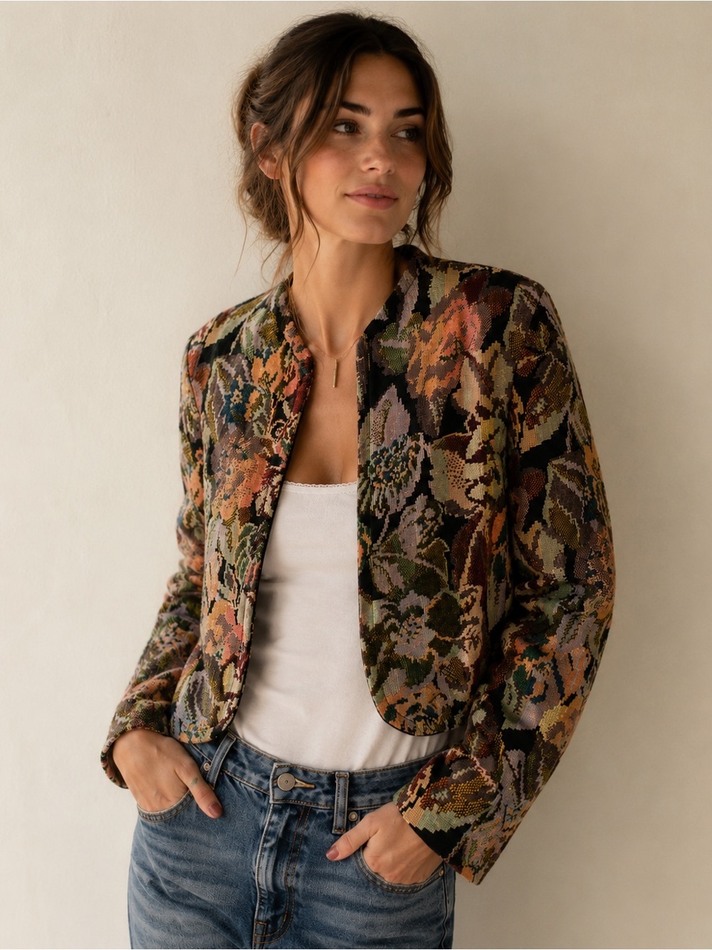 90s Vintage open-front floral tapestry cropped jacket by Gregge Sport